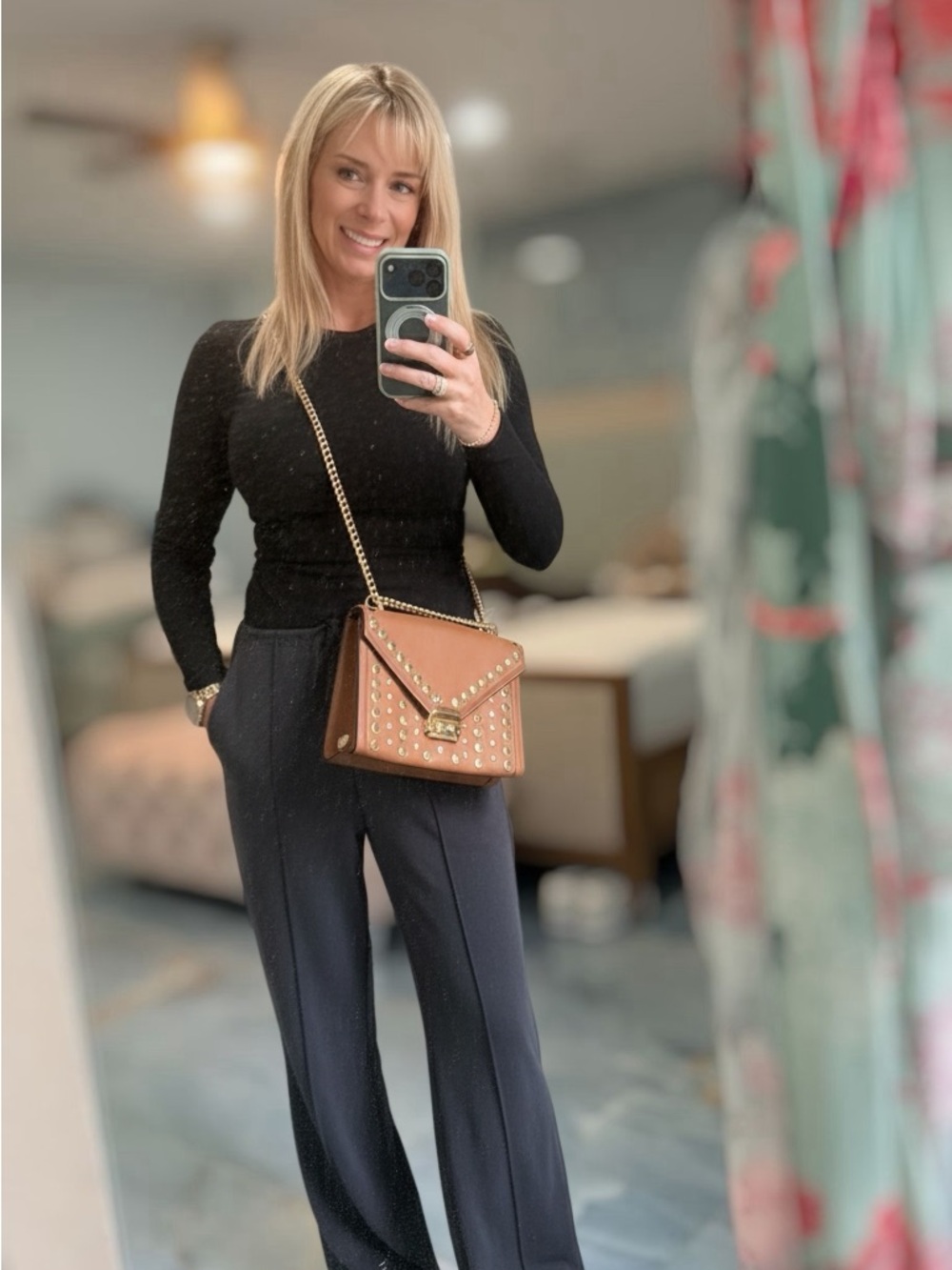 Michael Kors Cognac Leather Studded Chain Crossbody